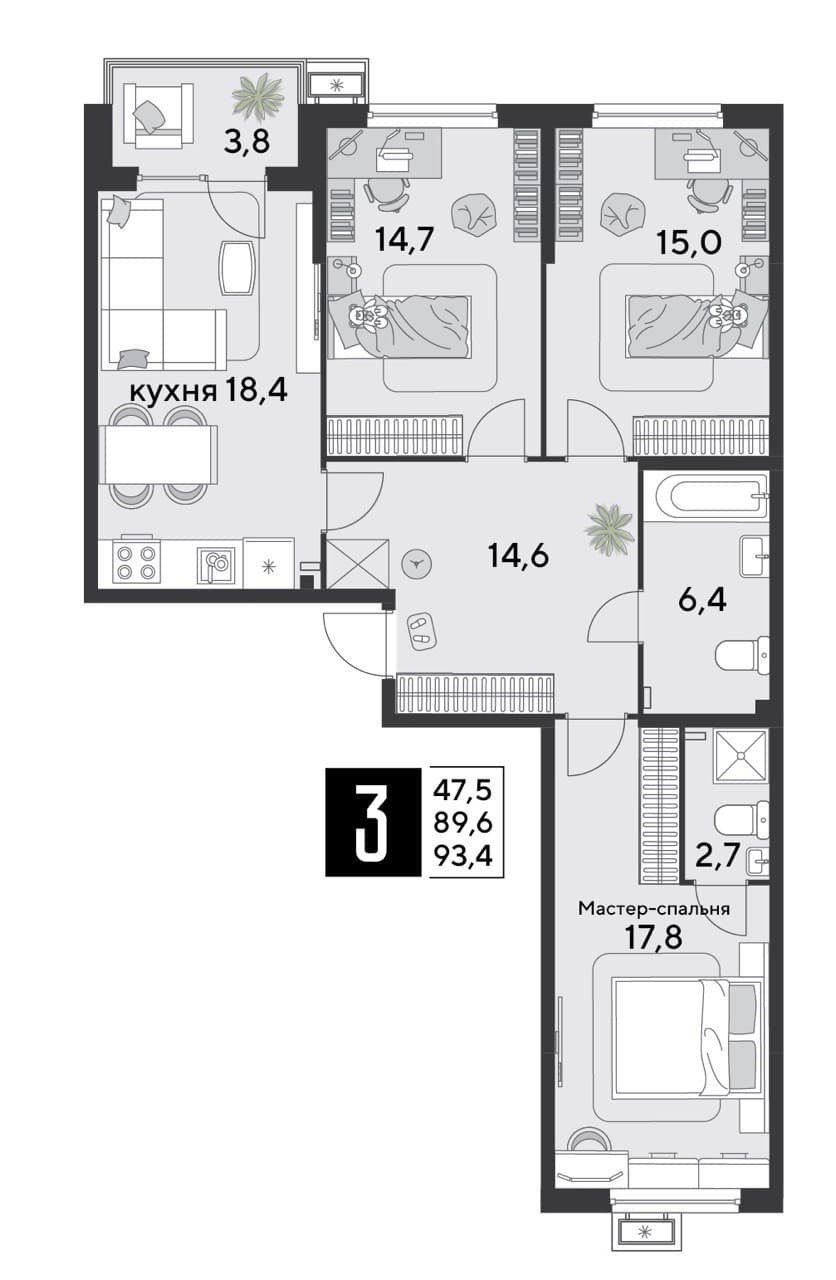 3-к, 93.4 м² · Парк Победы-2