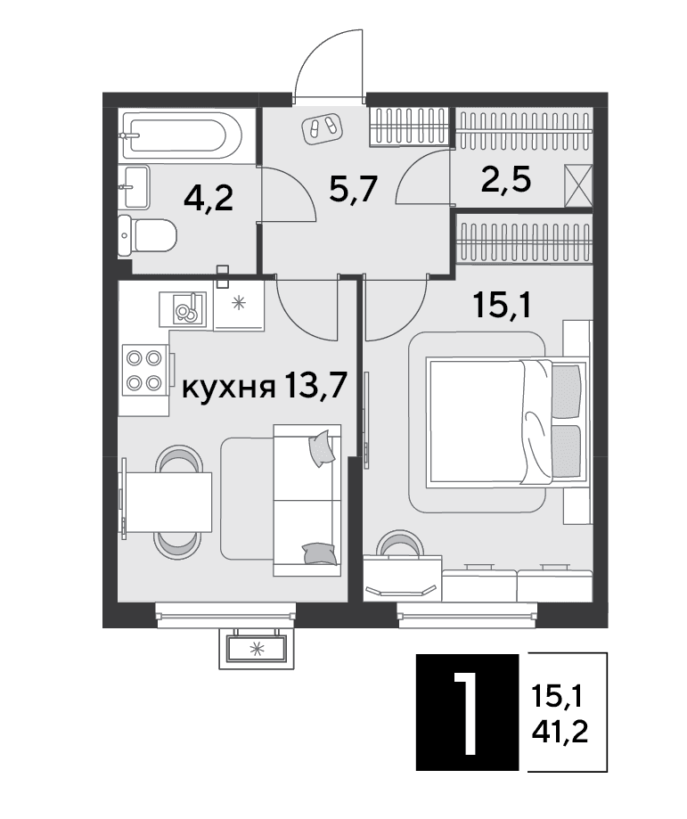 1-к, 41.2 м² · Парк Победы-2