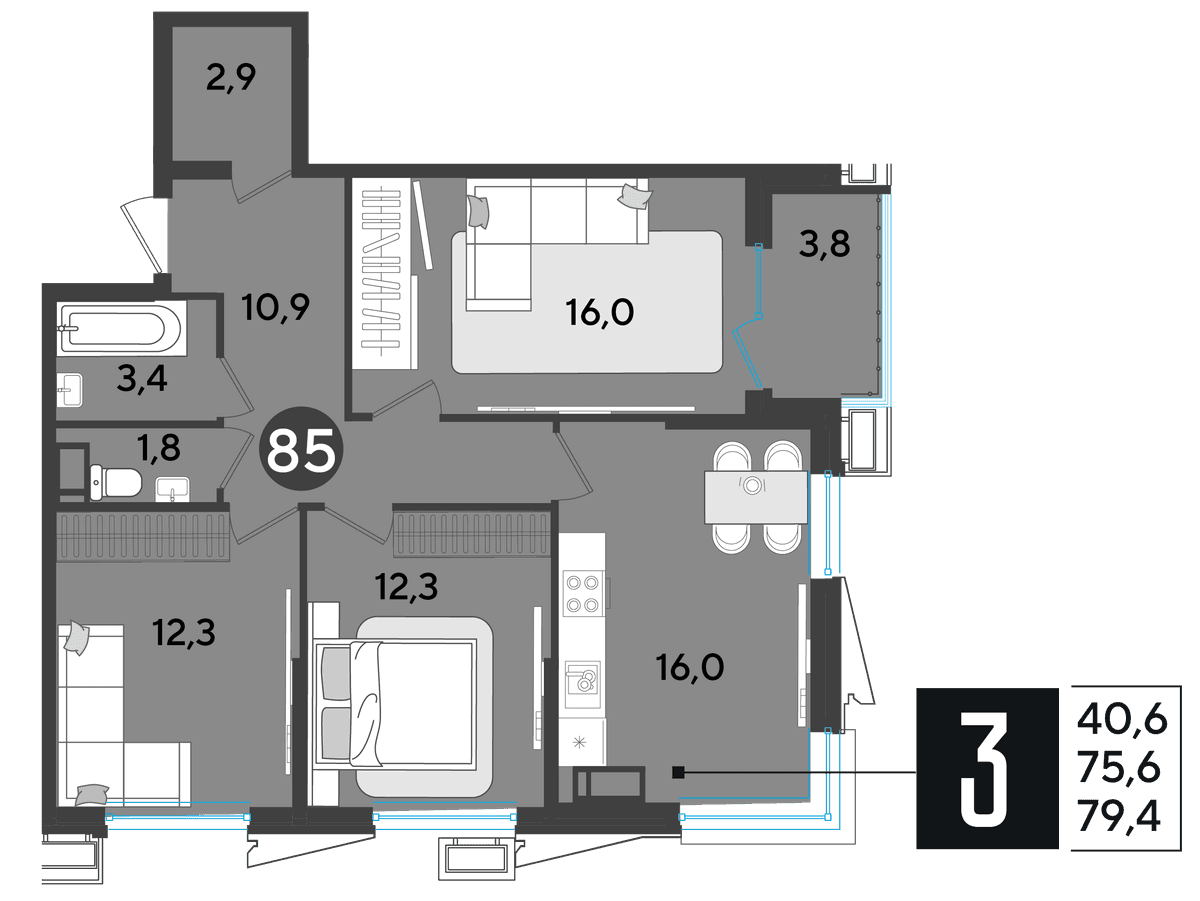 3-к, 78.9 м² · Парк Победы-2