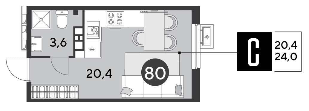 Студия, 24 м² · Парк Победы-2
