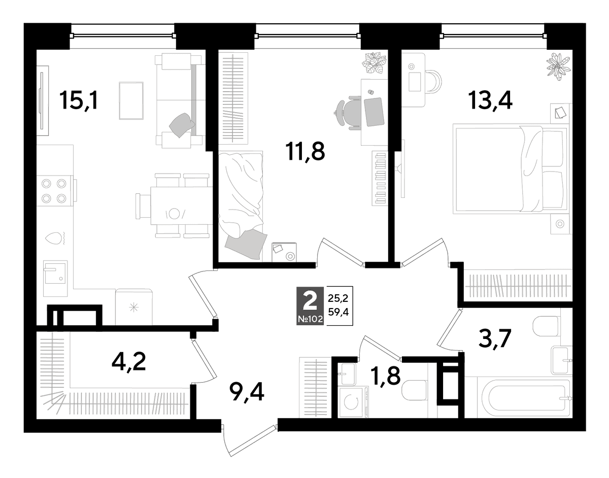 2-к, 59.4 м² · DОГМА ПАРК