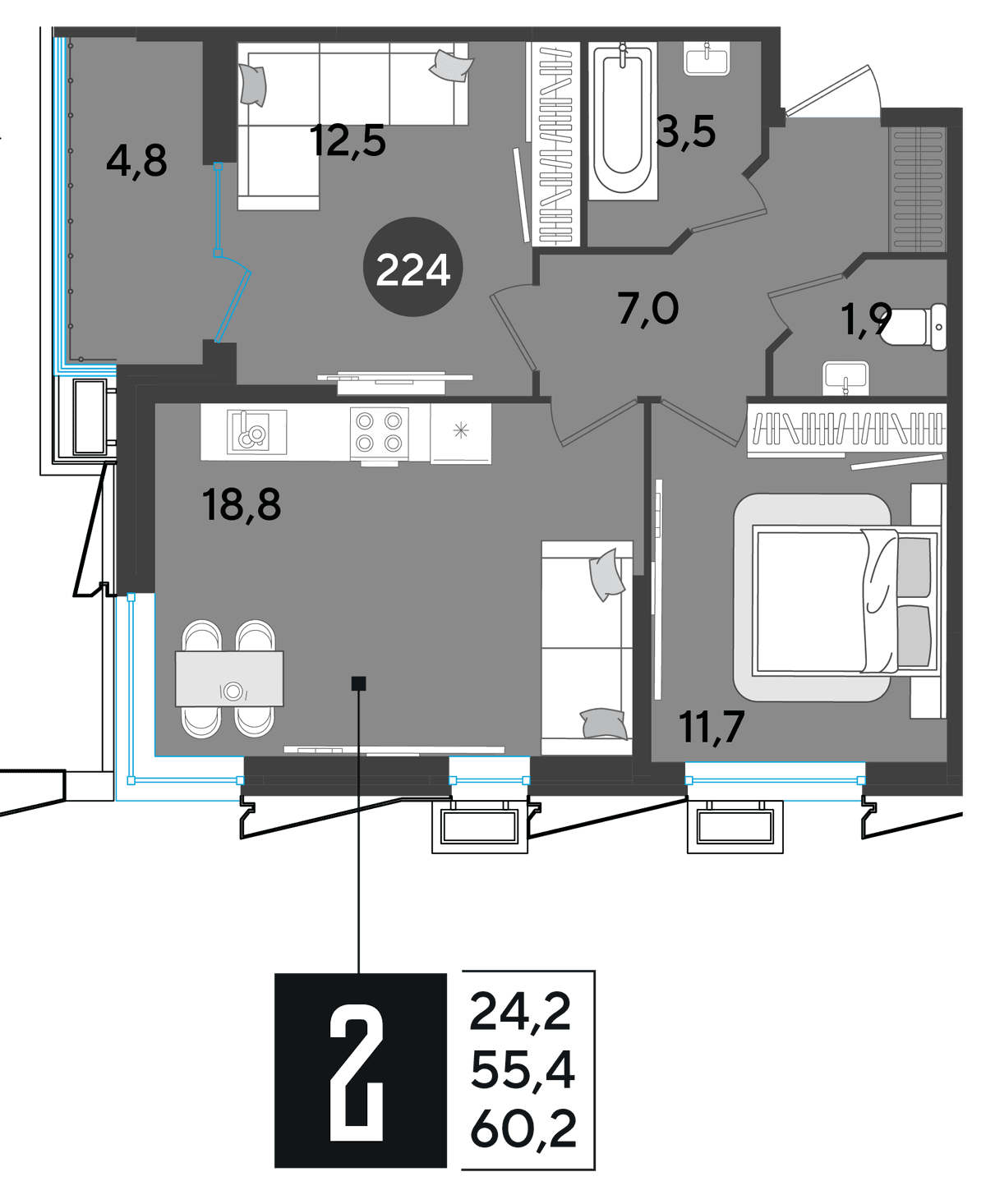 2-к, 60.4 м² · Парк Победы-2