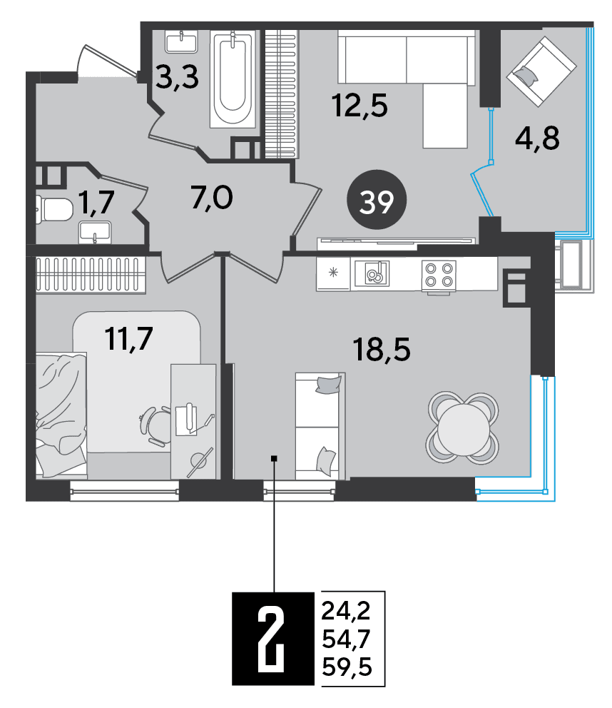 2-к, 59.5 м² · Парк Победы-2