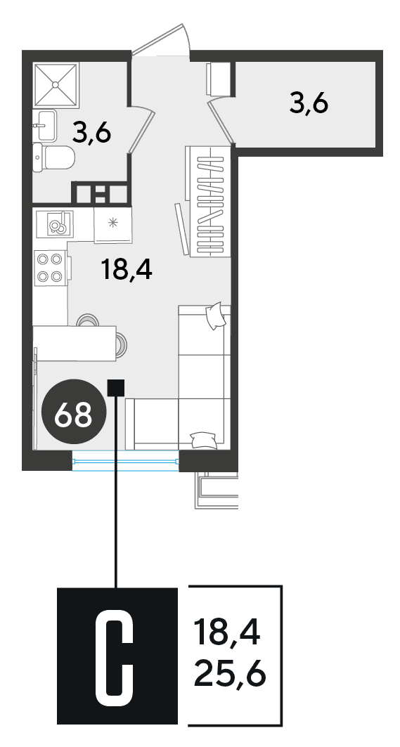 Студия, 25.6 м² · Парк Победы-2