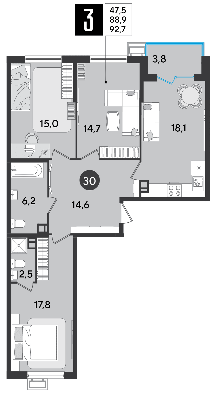 3-к, 92.7 м² · Парк Победы-2