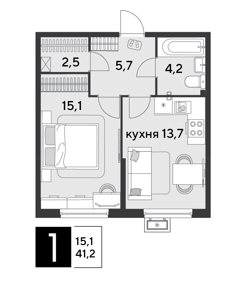 1-к, 41.2 м² · Парк Победы-2