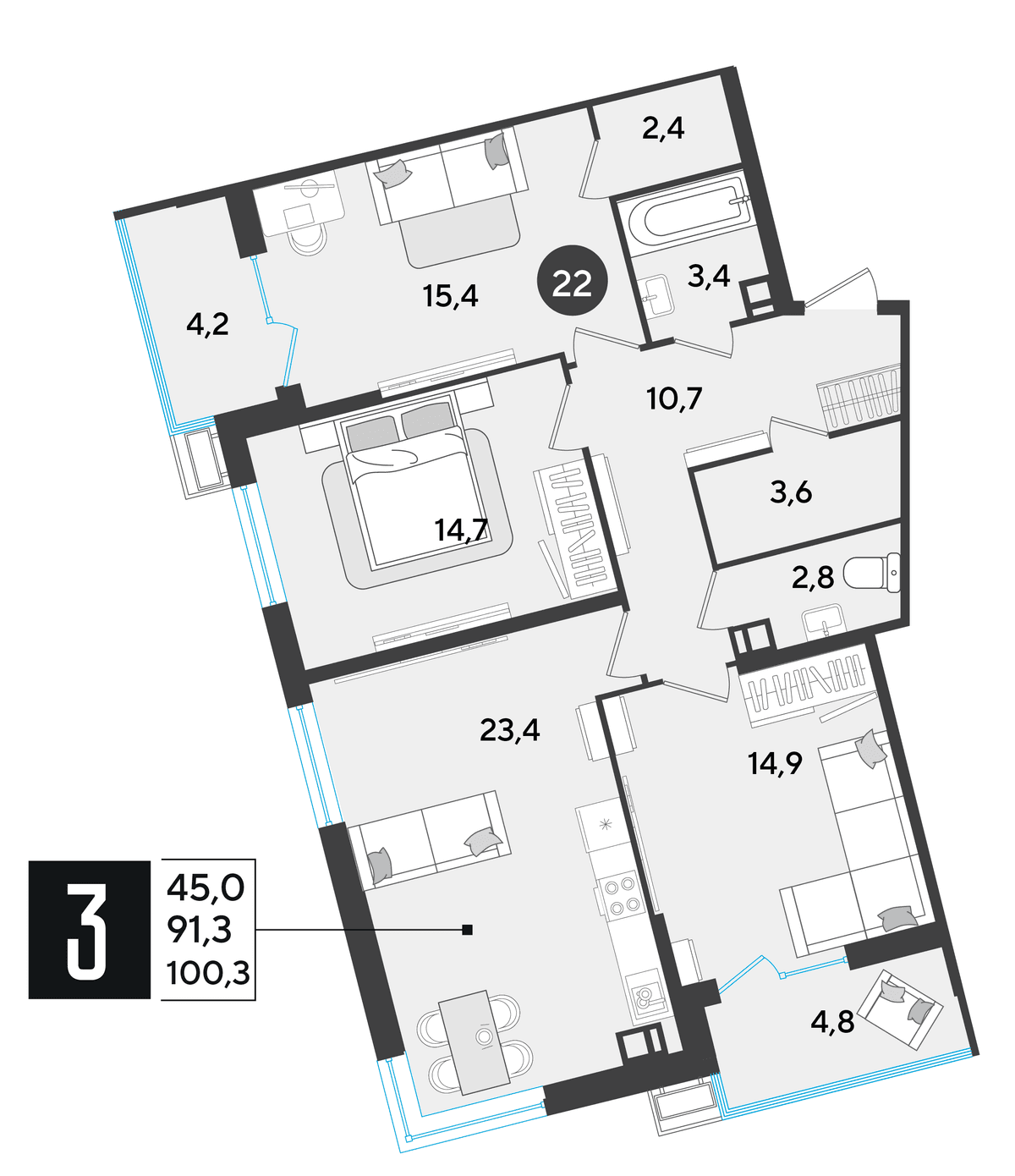 3-к, 100.3 м² · Парк Победы-2