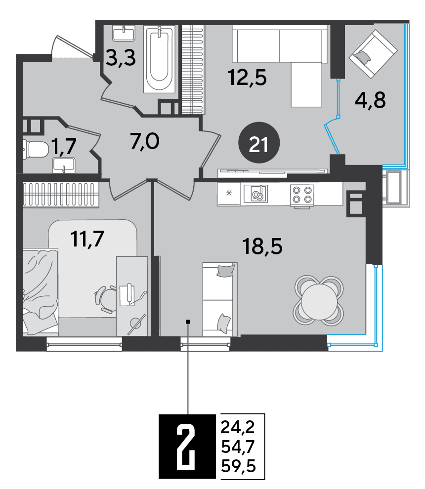 2-к, 59.5 м² · Парк Победы-2