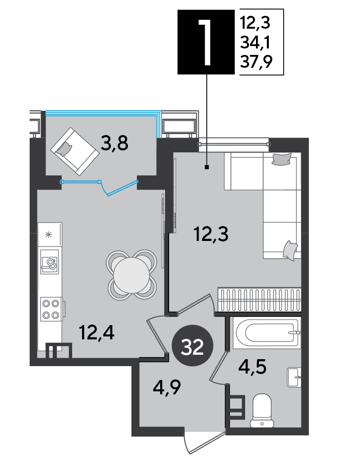 1-к, 37.9 м² · Парк Победы-2