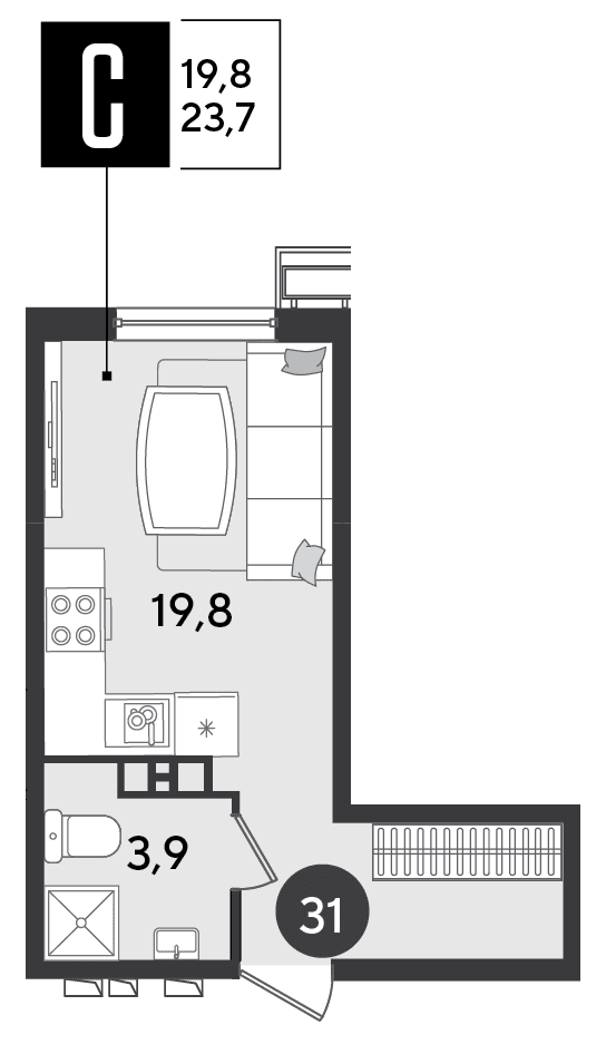 Студия, 23.7 м² · Парк Победы-2