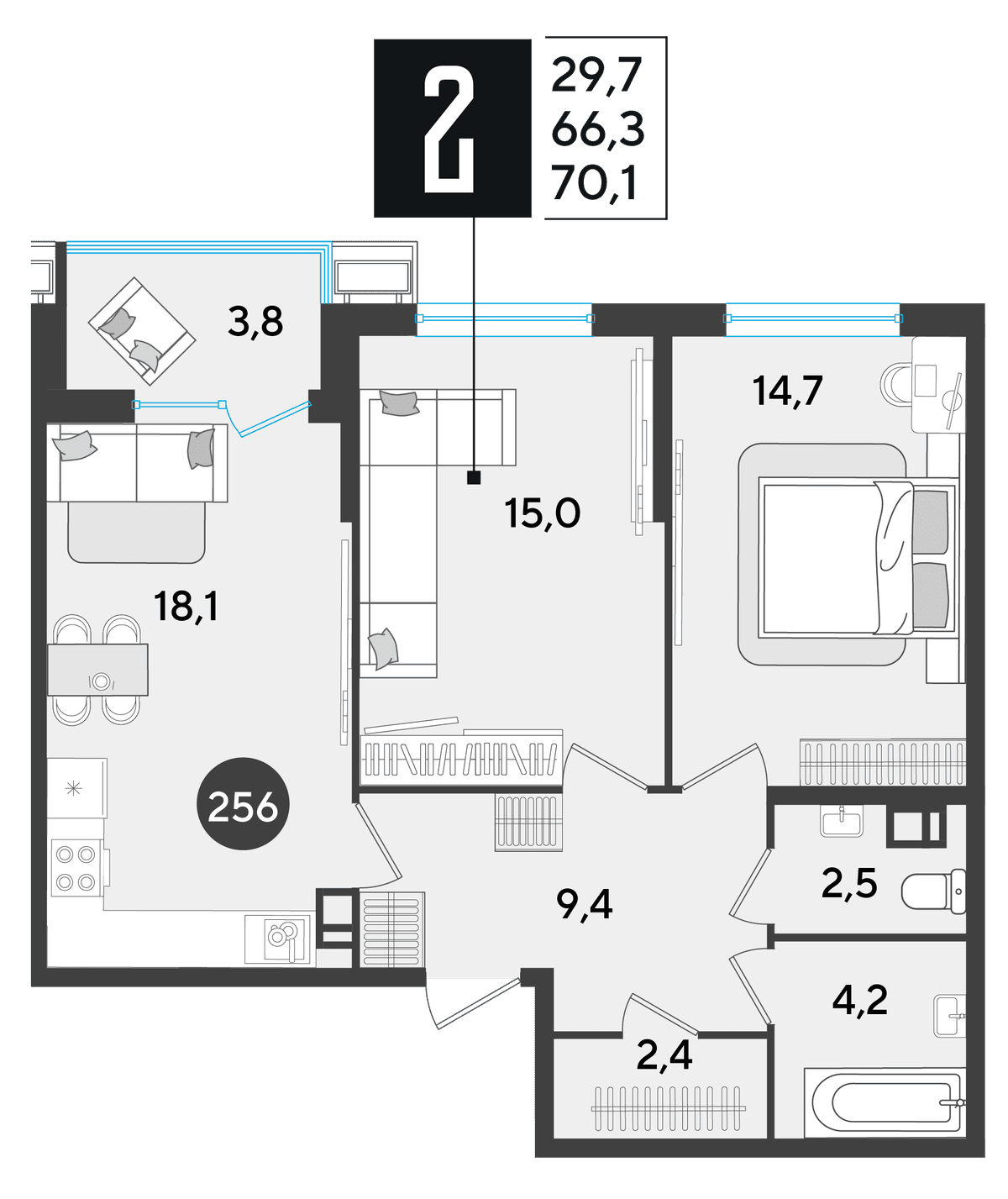 2-к, 70.1 м² · Парк Победы-2