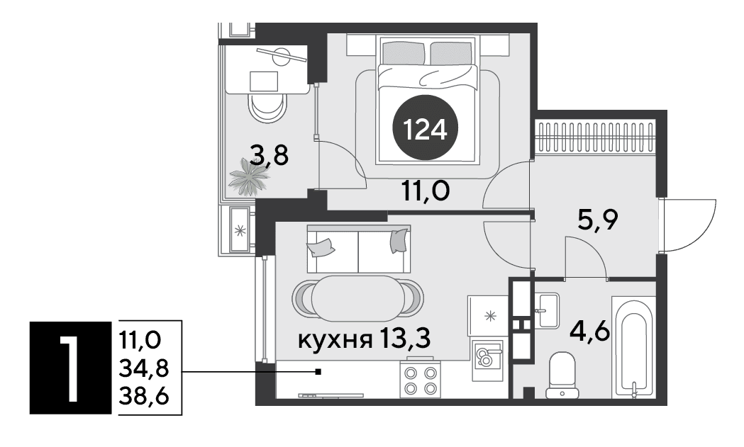 1-к, 38.6 м² · Парк Победы-2