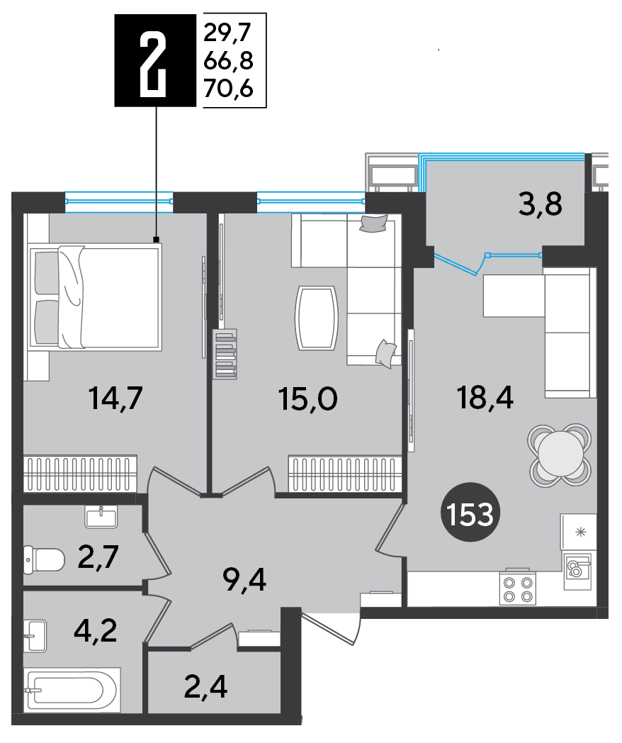 2-к, 70.6 м² · Парк Победы-2