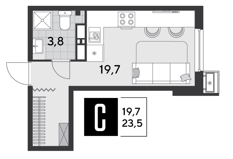 Студия, 23.5 м² · Парк Победы-2