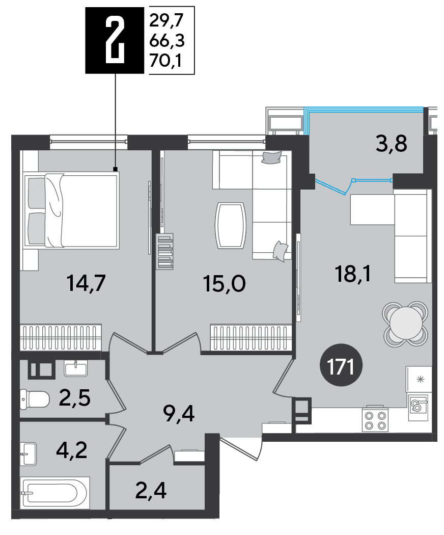 2-к, 70.1 м² · Парк Победы-2