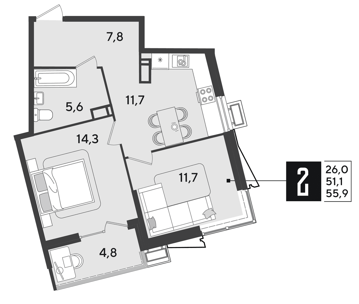 2-к, 56.2 м² · Парк Победы-2