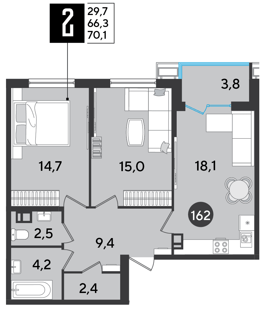 2-к, 70.1 м² · Парк Победы-2