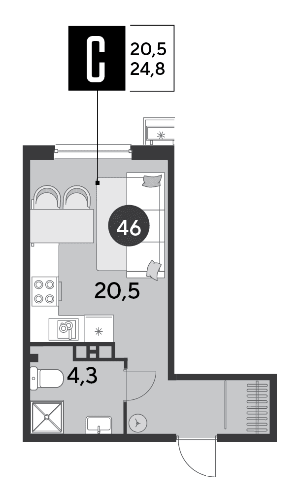 Студия, 24.8 м² · Парк Победы-2