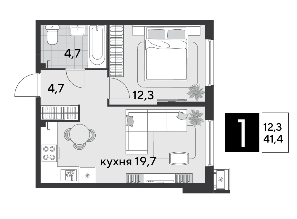 1-к, 41.4 м² · Парк Победы-2
