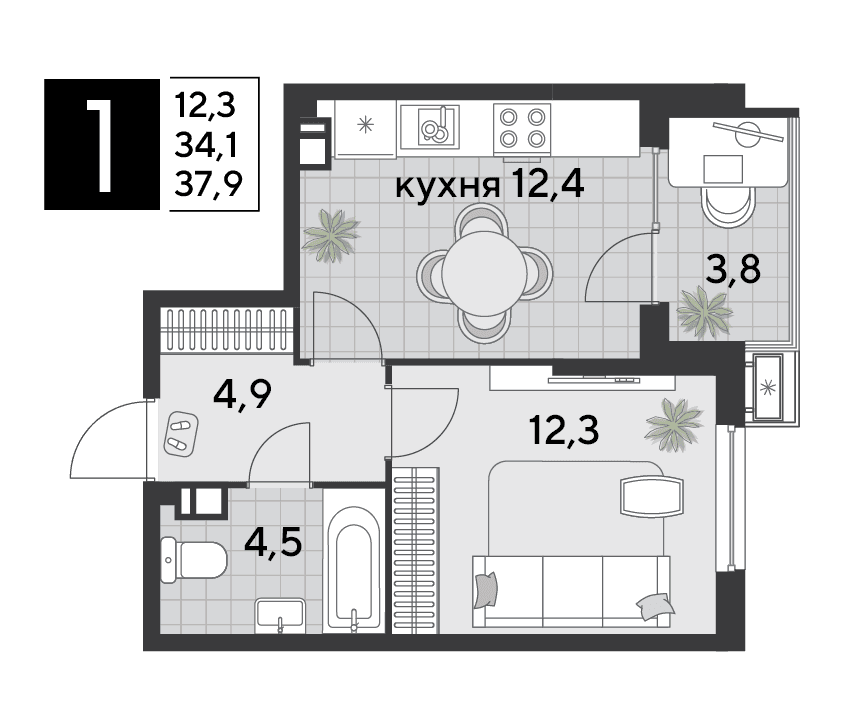 1-к, 37.9 м² · Парк Победы-2
