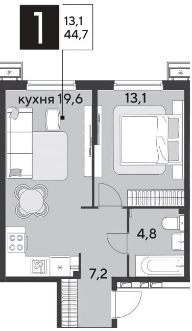 1-к, 44.2 м² · Парк Победы-2