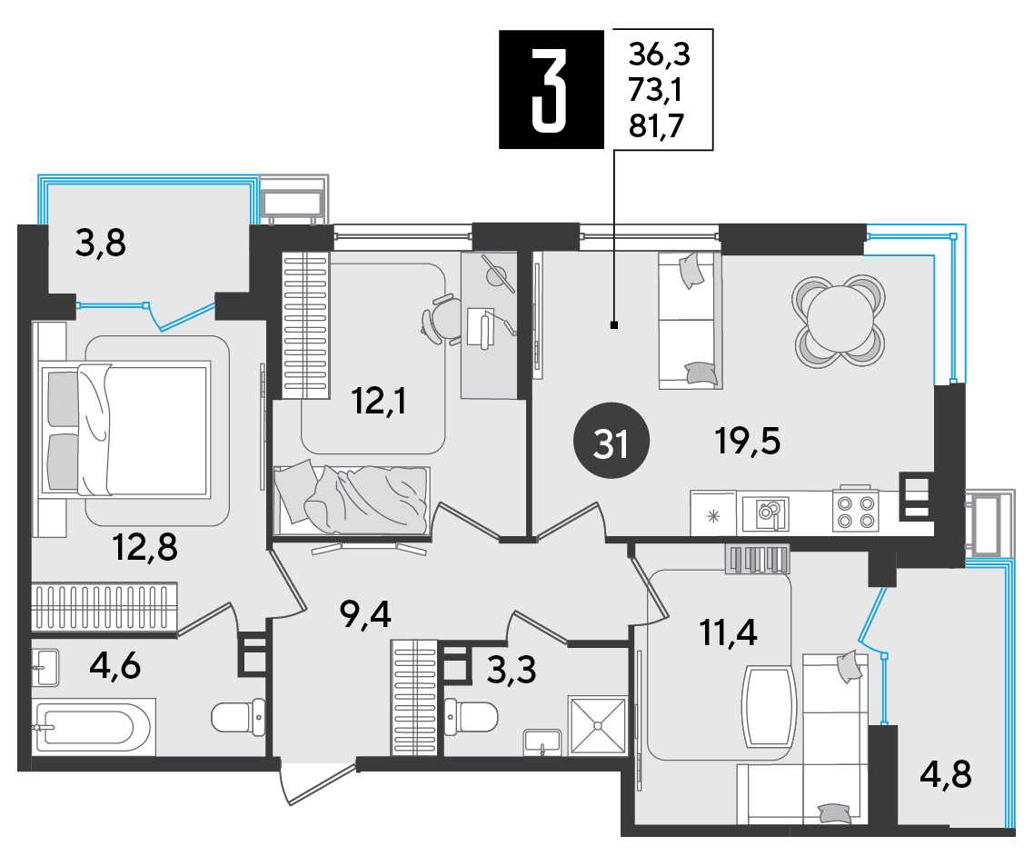3-к, 81.7 м² · Парк Победы-2