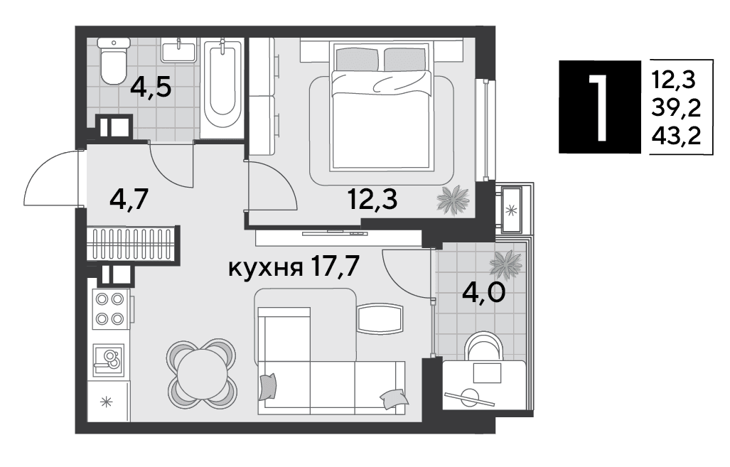 1-к, 43.2 м² · Парк Победы-2