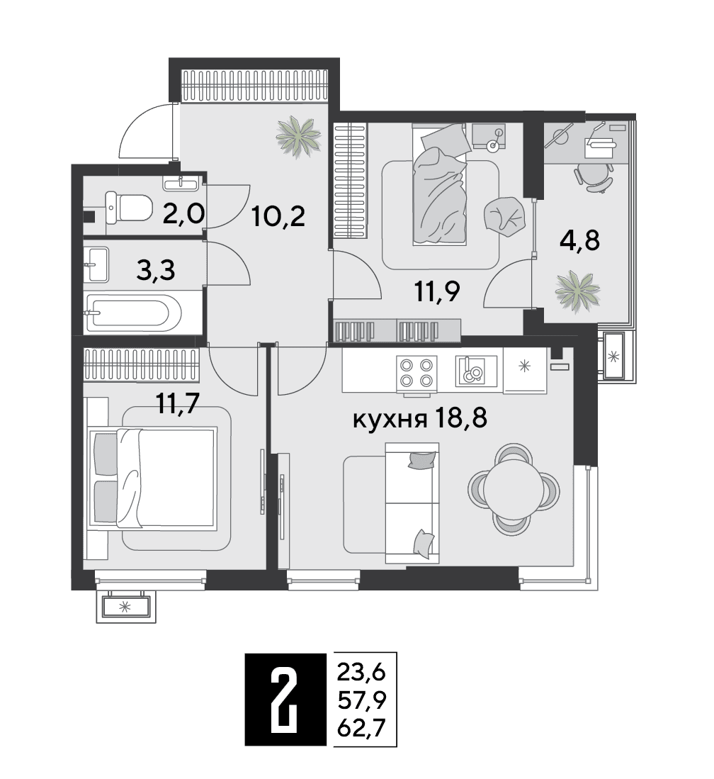 2-к, 62.7 м² · Парк Победы-2