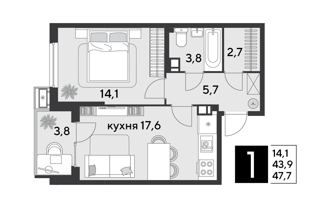 1-к, 48.3 м² · Парк Победы-2