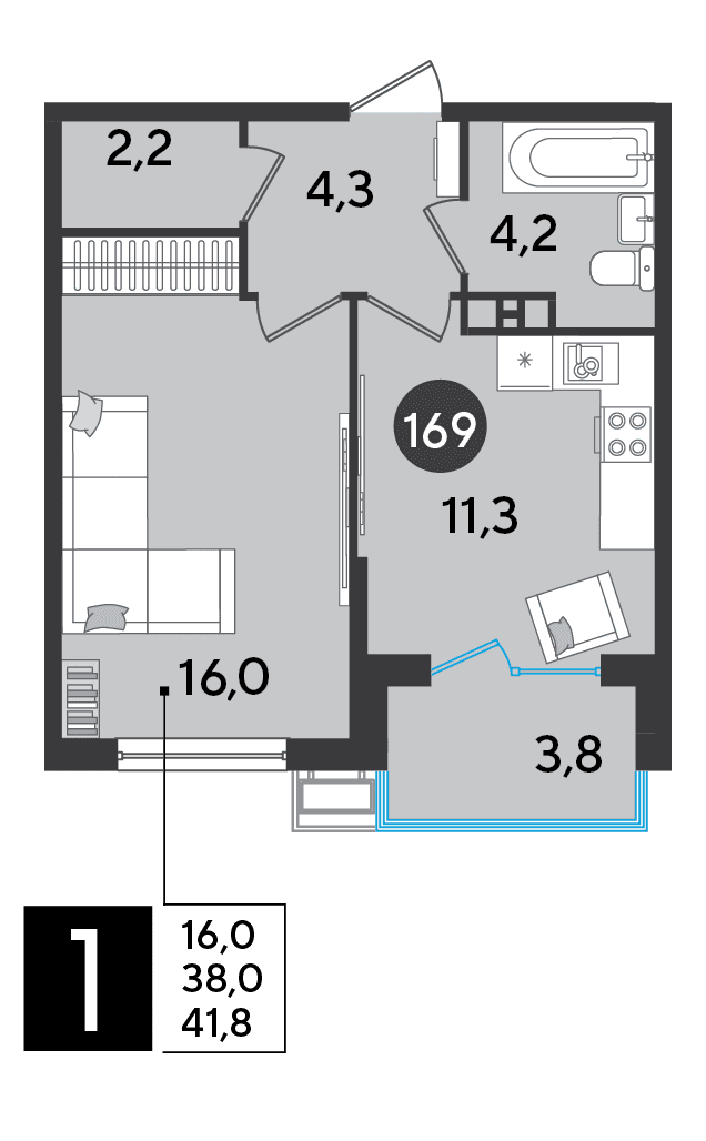 1-к, 41.8 м² · Парк Победы-2