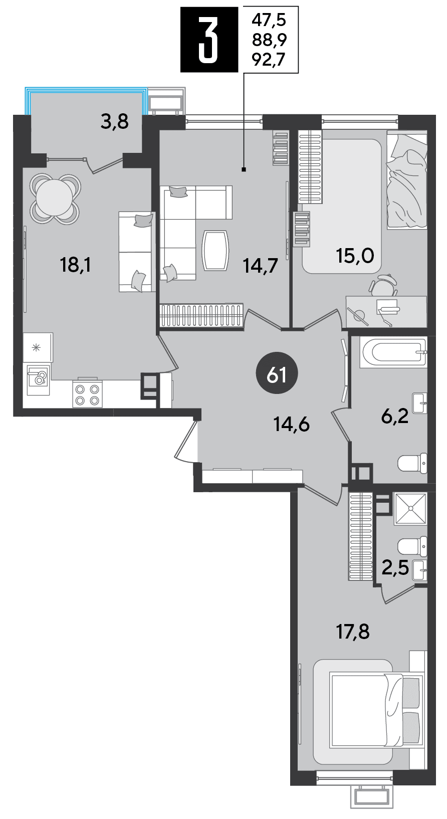 3-к, 92.7 м² · Парк Победы-2