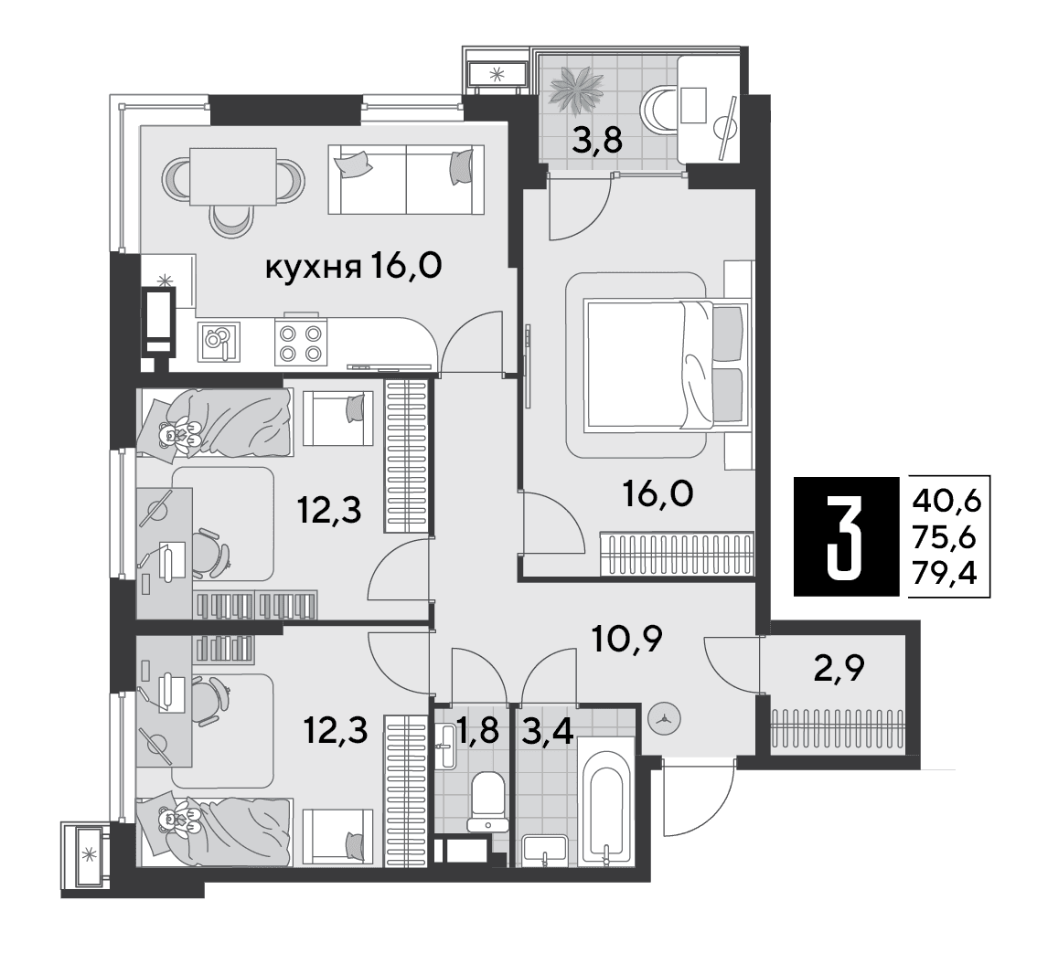 3-к, 77.2 м² · Парк Победы-2