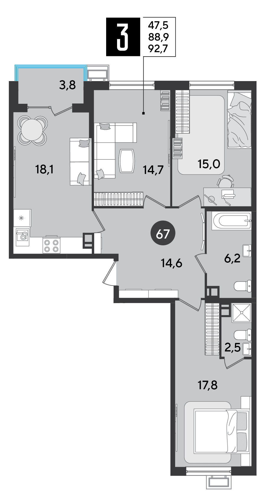 3-к, 92.7 м² · Парк Победы-2