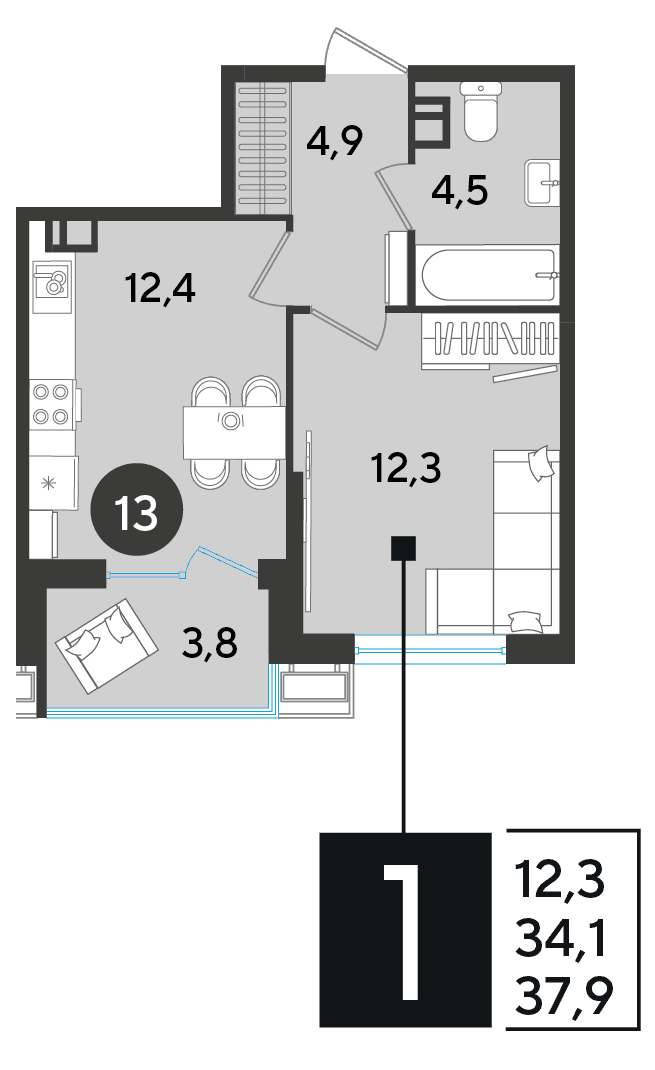 1-к, 37.9 м² · Парк Победы-2