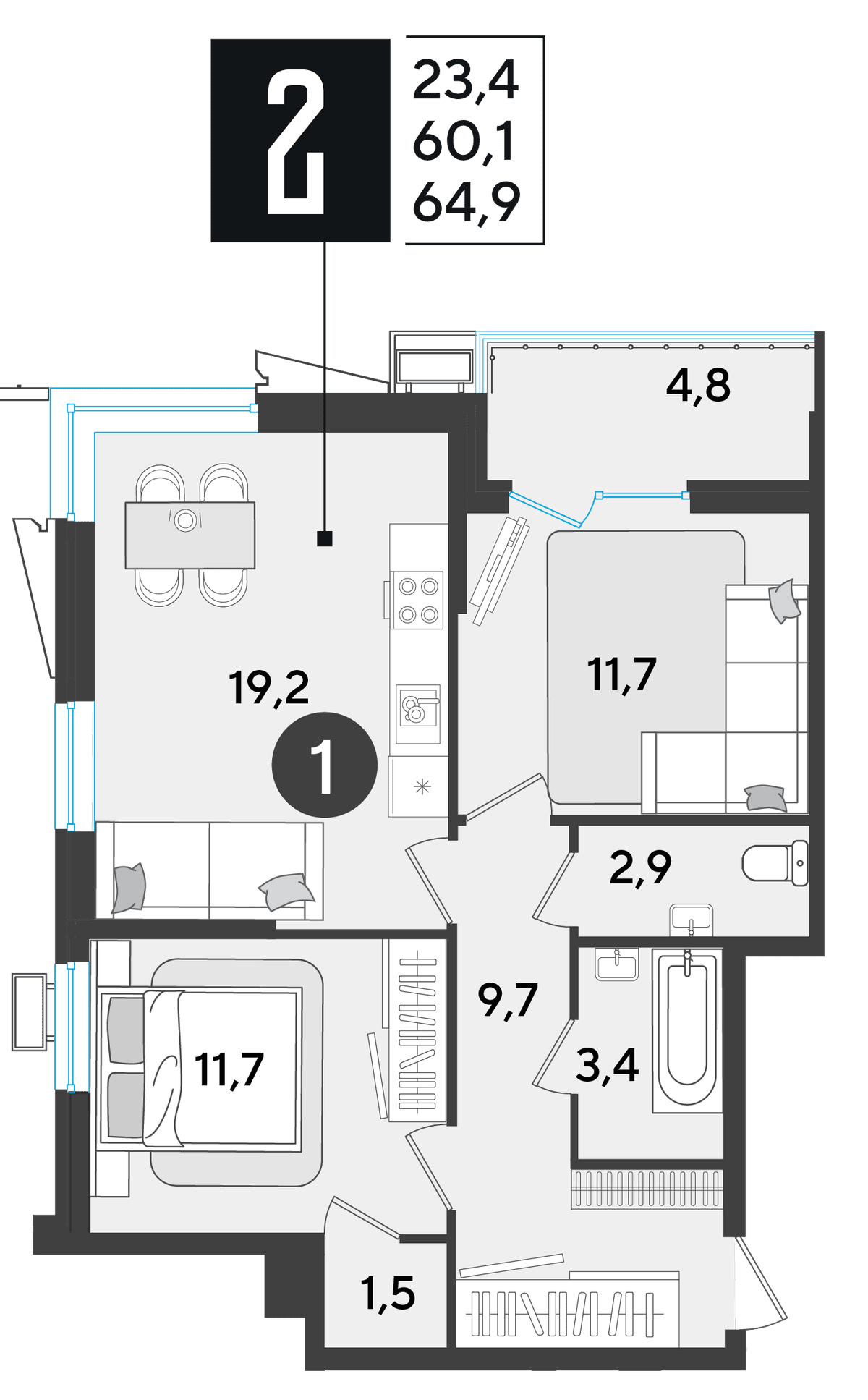 2-к, 64.3 м² · Парк Победы-2