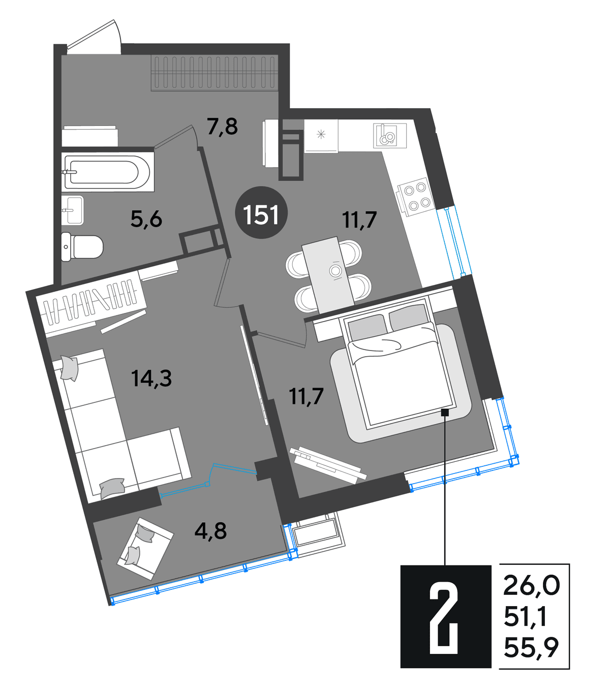 2-к, 55.9 м² · Парк Победы-2