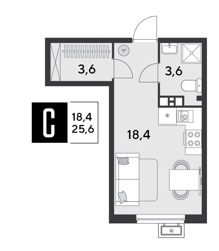 Студия, 25.6 м² · Парк Победы-2