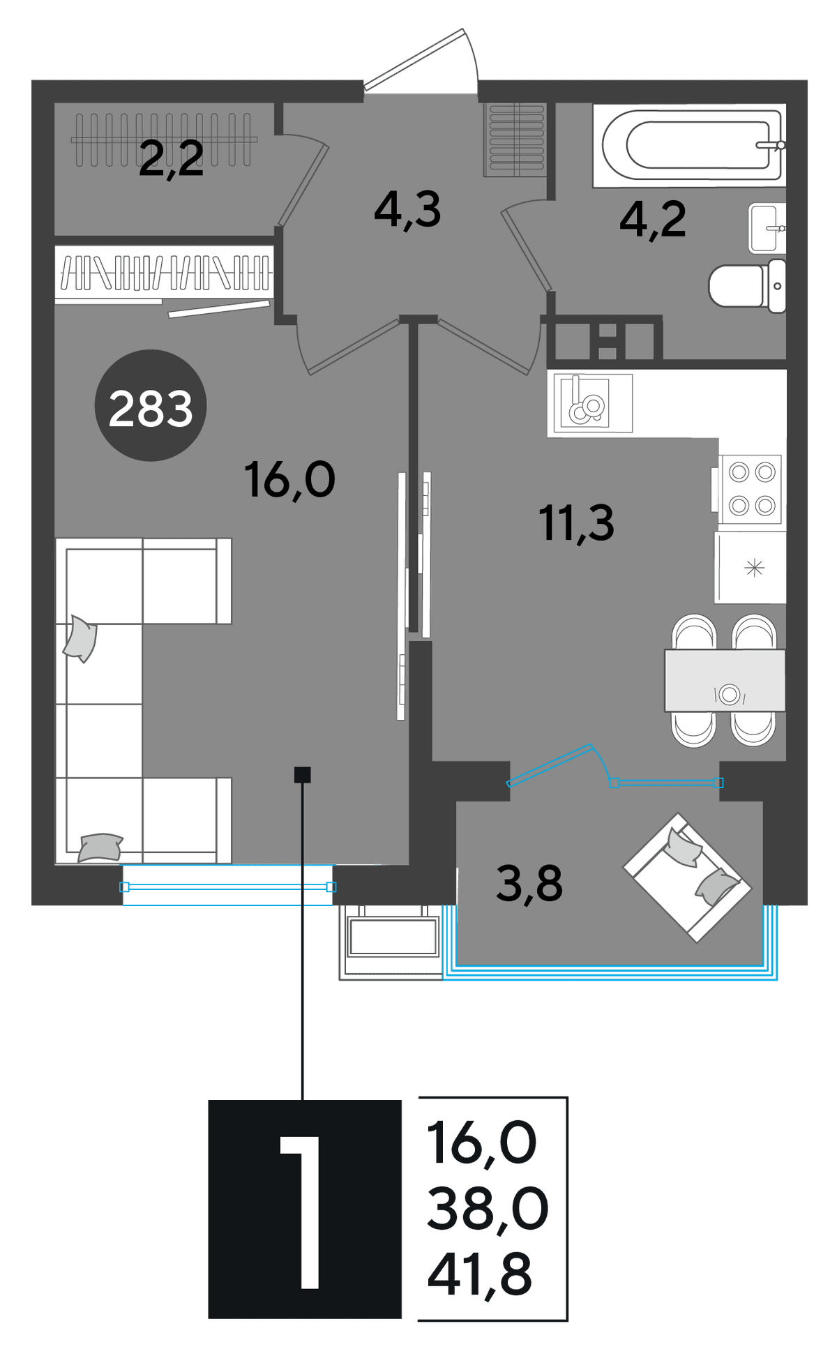 1-к, 41.8 м² · Парк Победы-2