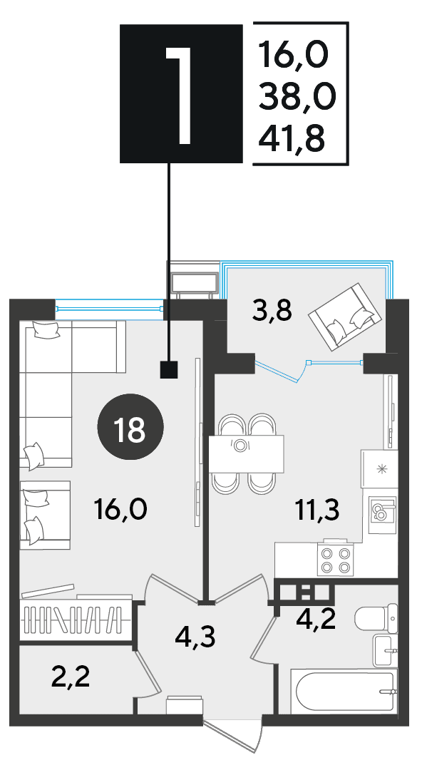 1-к, 41.8 м² · Парк Победы-2