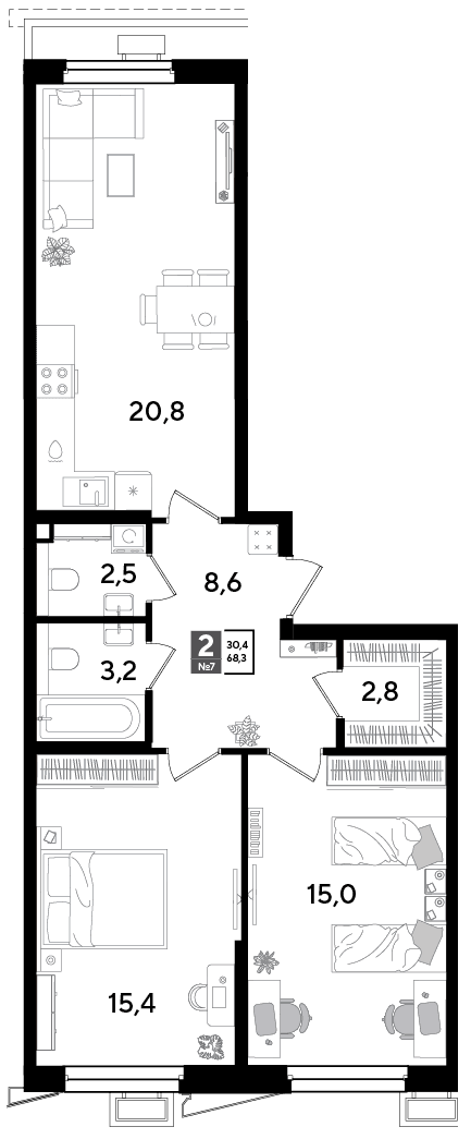 2-к, 67.3 м² · Парк Победы-2