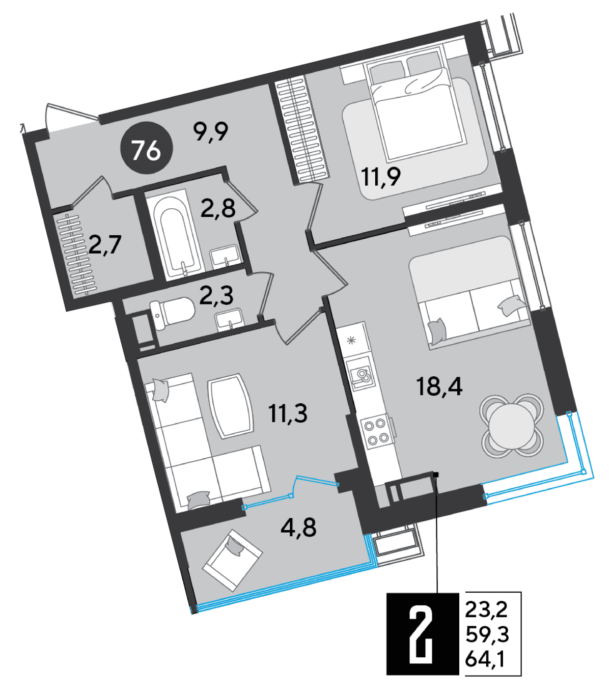 2-к, 64.1 м² · Парк Победы-2