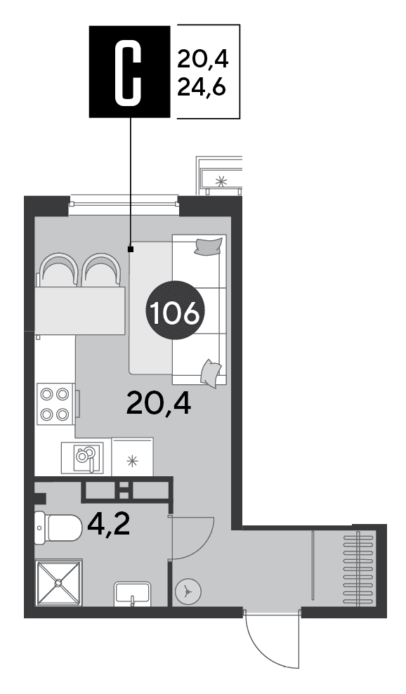 Студия, 24.6 м² · Парк Победы-2