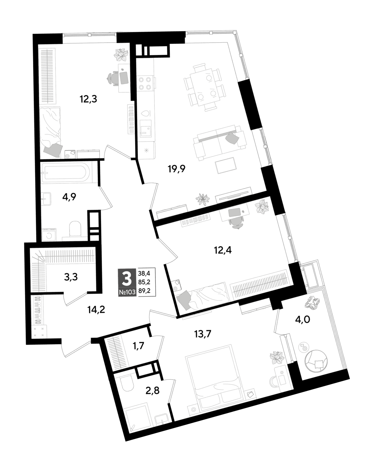 3-к, 89.2 м² · Парк Победы-2