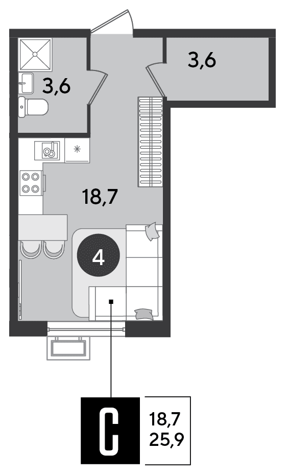 Студия, 25.9 м² · Парк Победы-2