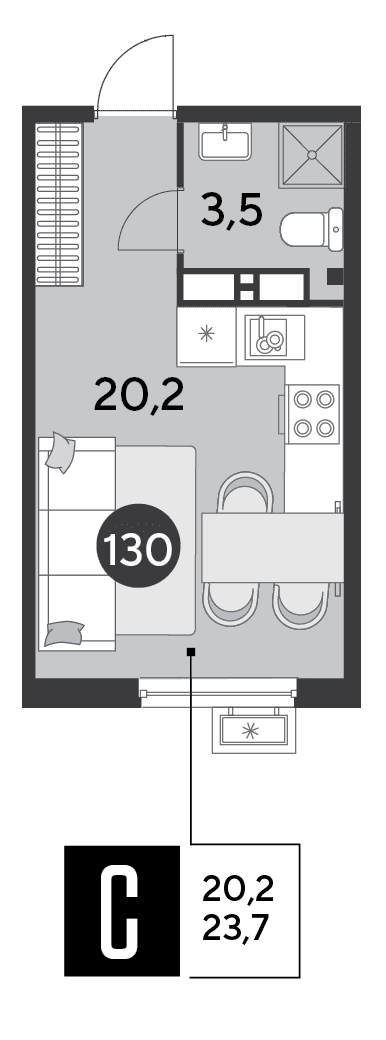 Студия, 23.7 м² · Парк Победы-2