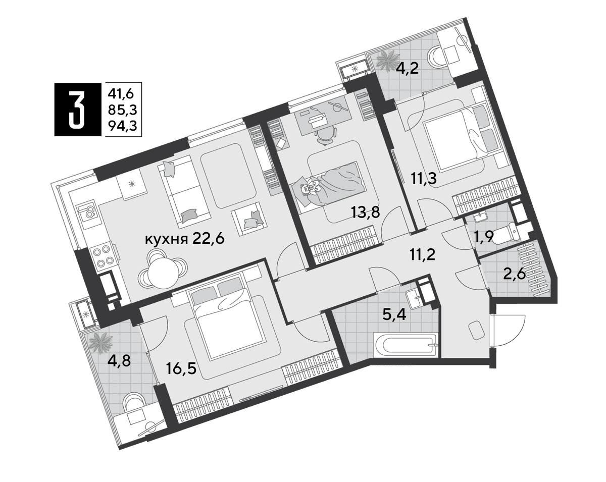 3-к, 94.3 м² · Парк Победы-2