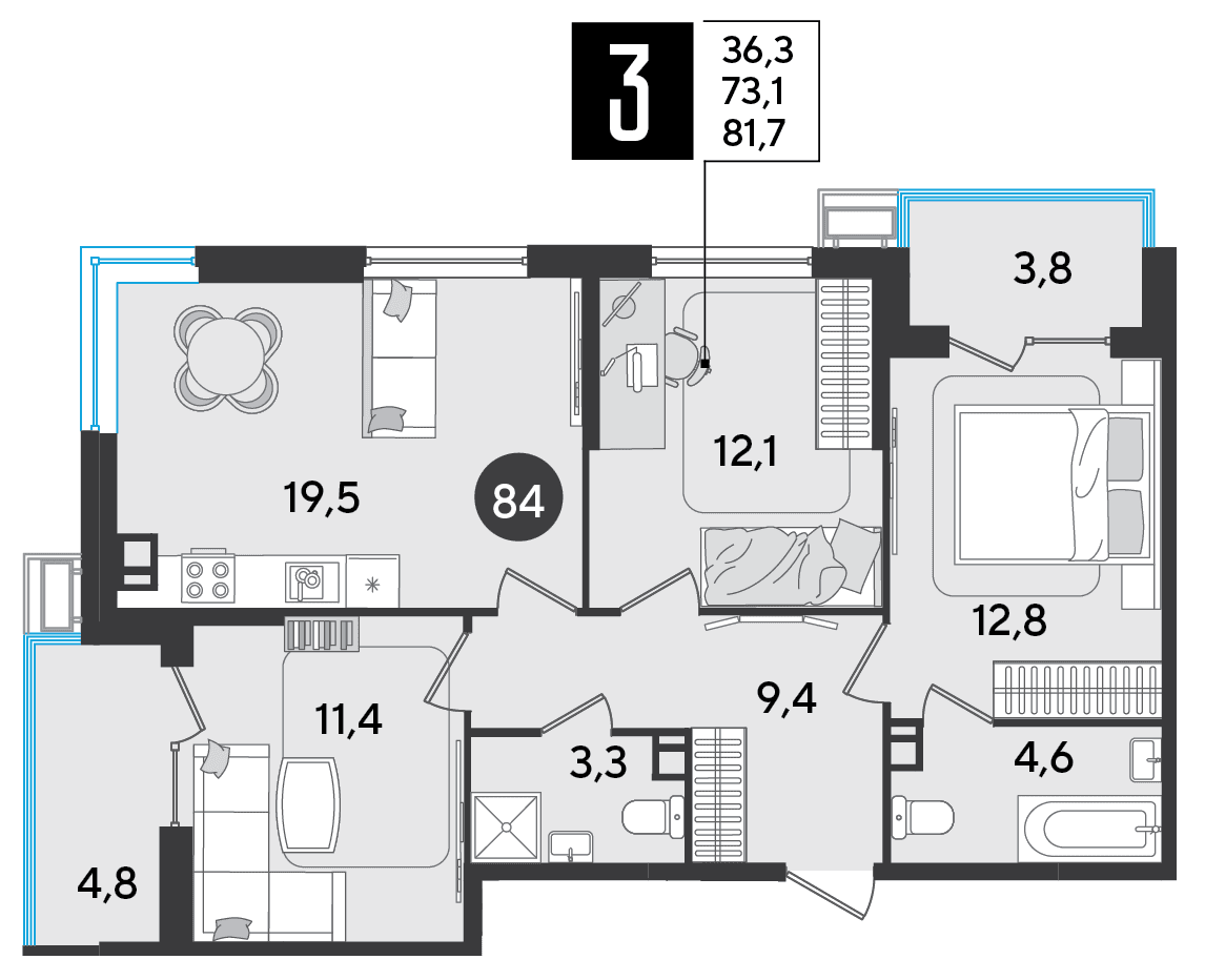 3-к, 81.7 м² · Парк Победы-2