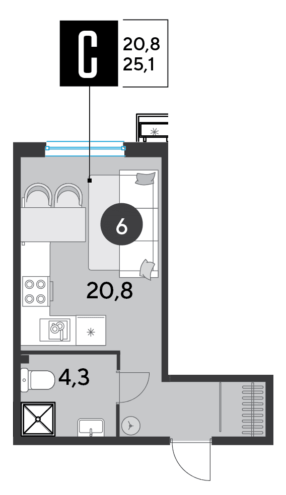 Студия, 25.1 м² · Парк Победы-2
