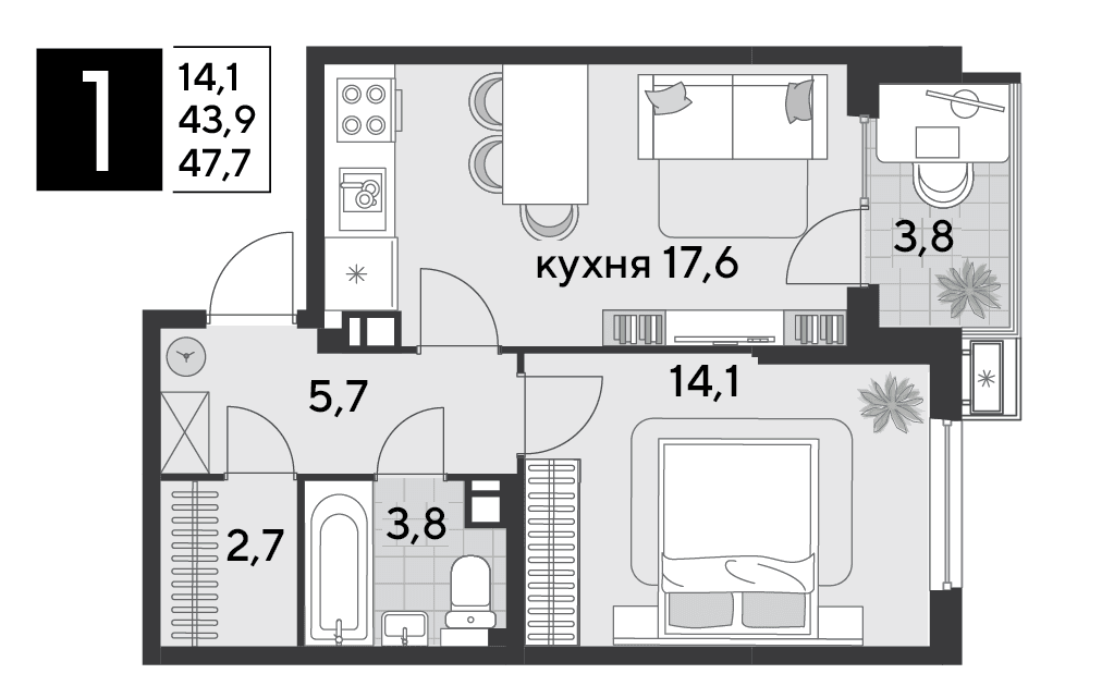 1-к, 46.8 м² · Парк Победы-2