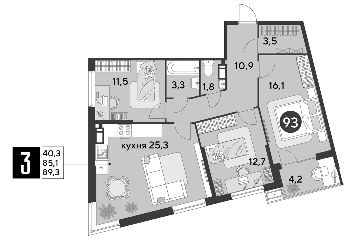 3-к, 89.3 м² · Парк Победы-2